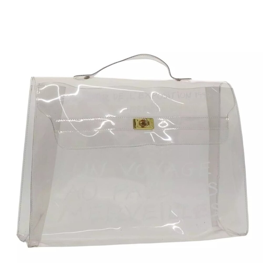 HERMES Vinyl Kelly Hand Bag Vinyl Clear Gold Auth - Picture 1 of 16